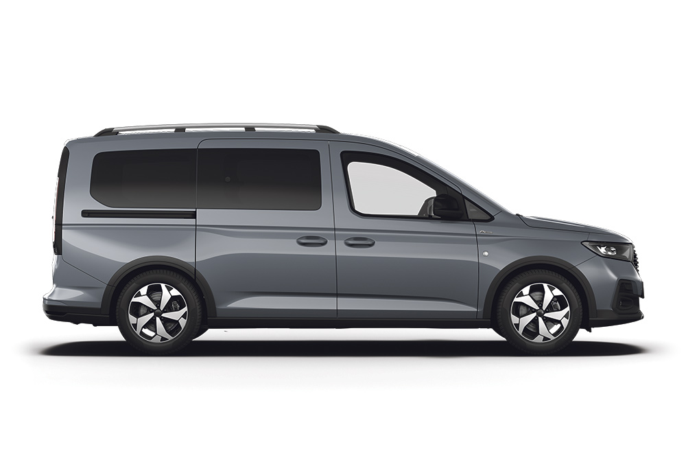 Un fourgon Ford Tourneo Connect Plug-in-Hybrid argenté.