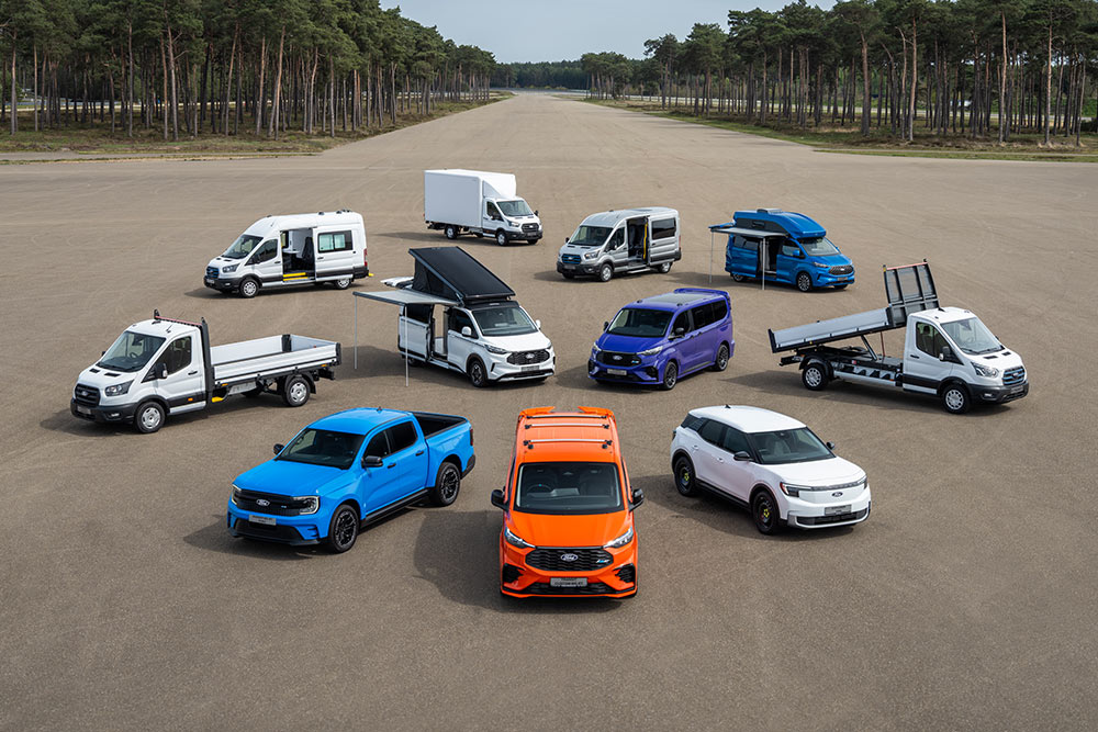 Une série de fourgons et pick-ups Ford garés, illustrant la variété des modèles disponibles.
